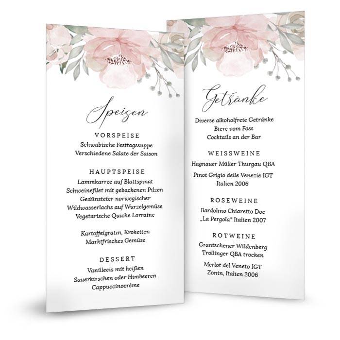 Hochzeitsmenükarte als Postkarte mit Aquarellrosen in Rosa