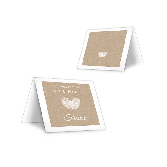 Hochzeitstischkarte mit Fingerabdruck Herz im Kraftpapierstil