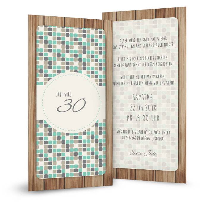 Postkarte als Einladung zum 30. Geburtstag mit Mosaikmuster