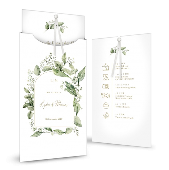 Hübsche Greenery Hochzeitseinladung mit Eukalyptus als Einsteckkarte