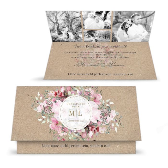 Hübsche Hochzeitsdanksagung in Kraftpapieroptik mit Aquarellblumen und vielen Fotos