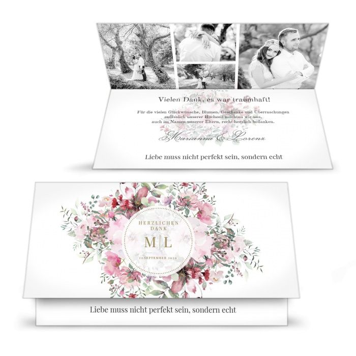 Hübsche Hochzeitsdanksagung in Weiss mit bunten Aquarellblumen und vielen Fotos