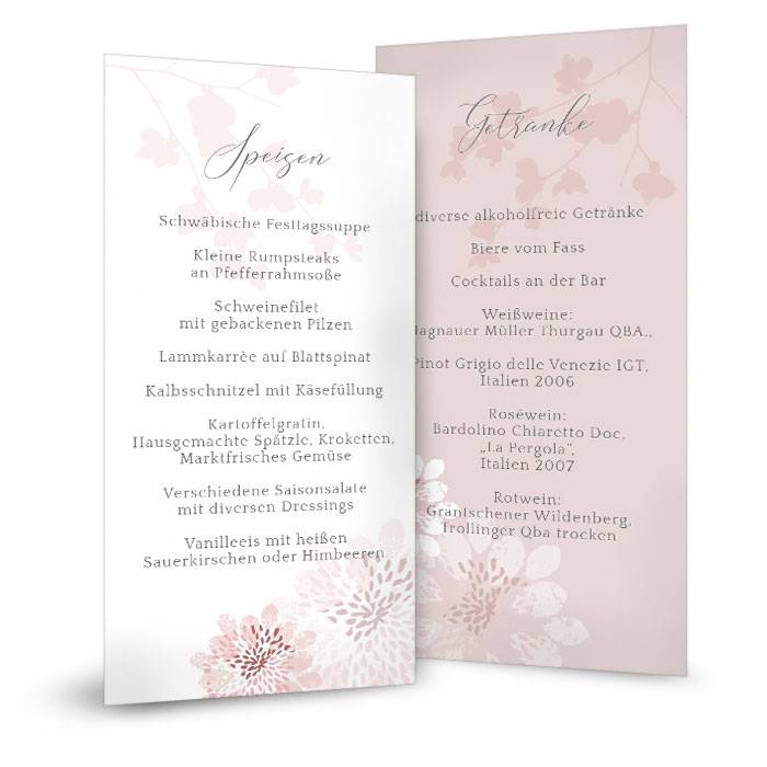 Romantische Menükarte zur Hochzeit mit Blüten in Rosa