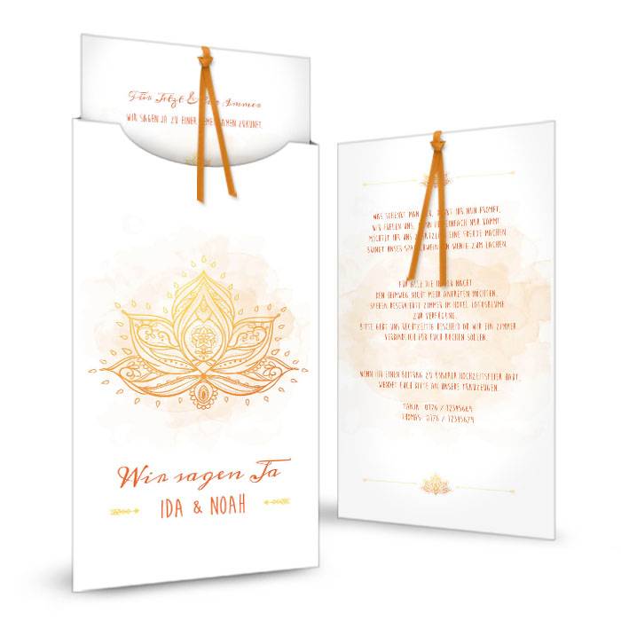 Hochzeitseinladung als Einsteckkarte mit Lotusblume in Orange