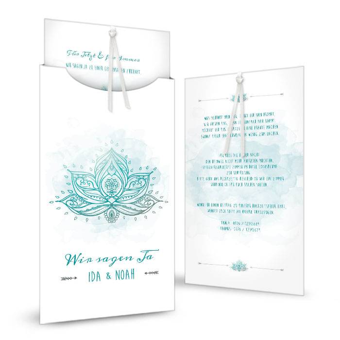 Hochzeitseinladung als Einsteckkarte mit Lotusblume in Türkis