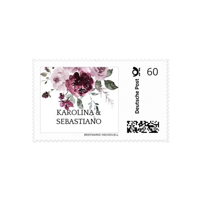 Individuelle Briefmarken für eure Hochzeitspost mit Aquarellrosen in Bordeaux