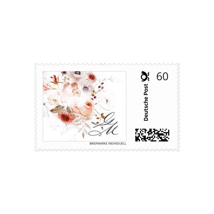 Individuelle Briefmarken mit euren Initialen und roten Aquarellblumen
