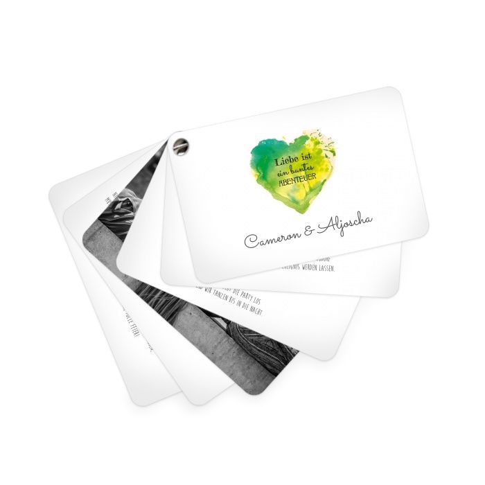Kartenfächer als Hochzeitseinladung mit Watercolor Herz in Grün und Gelb