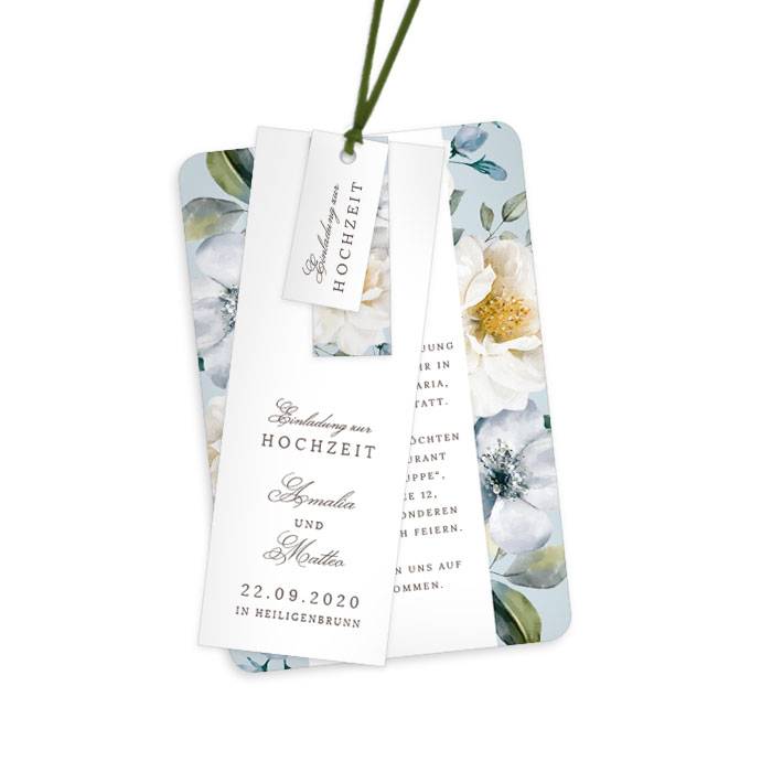 Kartenset mit eckigen Anhängern im floralen Design in Graublau