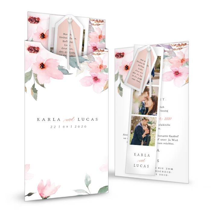 Einladung zur Hochzeit als Kartenset mit Hülle mit Blumenmotiv