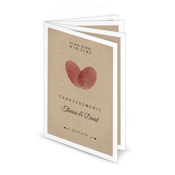 Hochzeitskirchenheft mit Fingerabdruck Herz im Kraftpapierstil