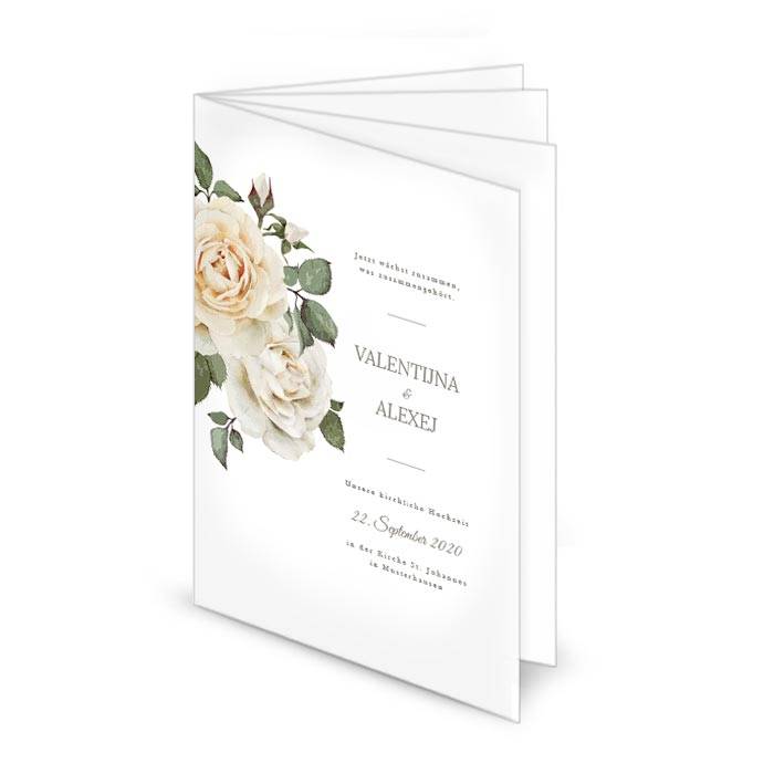 Kirchenheft zur eleganten Hochzeit mit weißen Rosen
