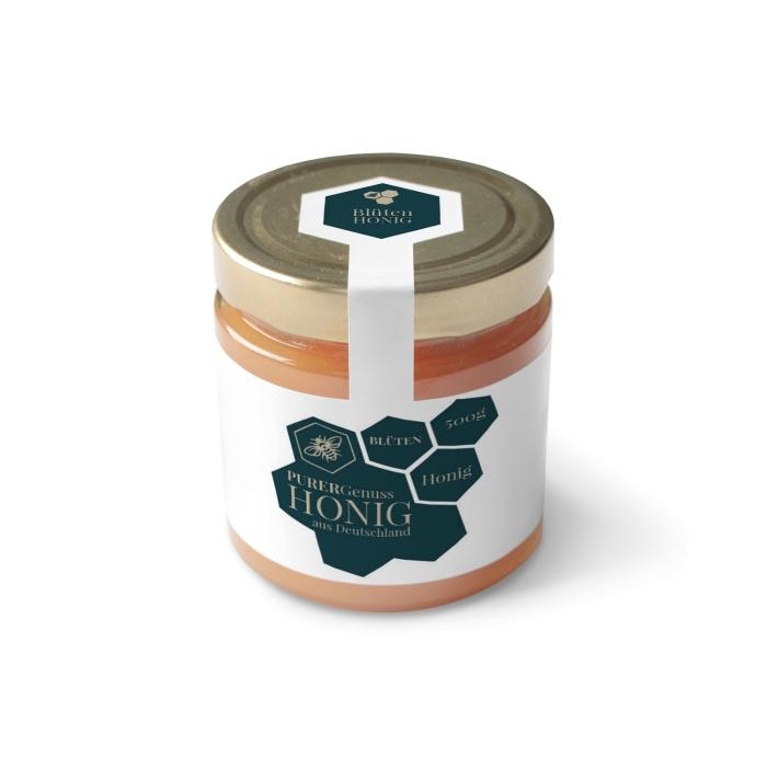 Klassische Honigglas Etiketten mit dunkelgrünen Waben und Biene