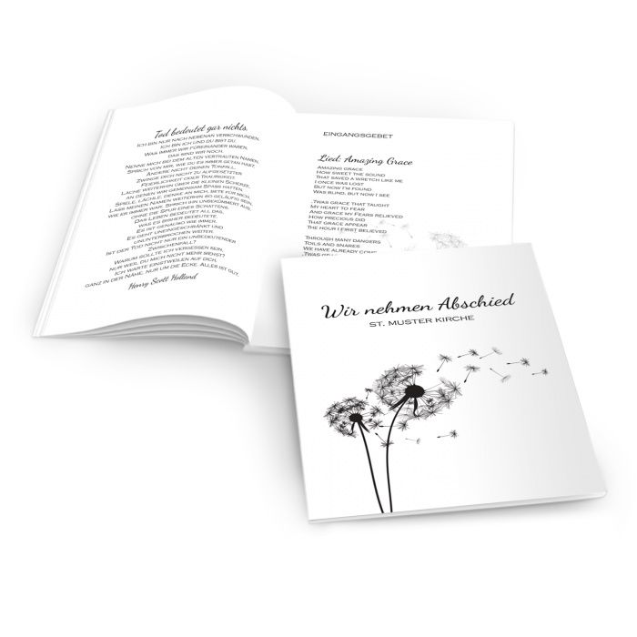 Liederheft zur Trauerfeier mit fliegenden Pusteblumen