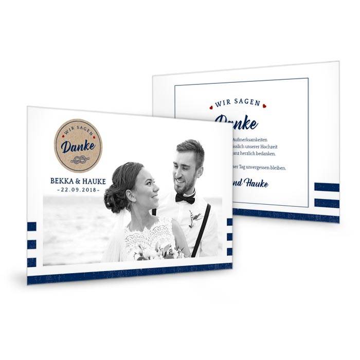 Maritime Danksagung zur Hochzeit als Postkarte mit großem Foto