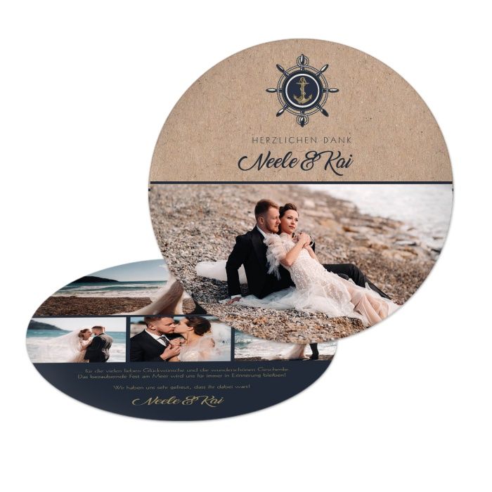 Maritime Hochzeitsdanksagung als runde Postkarte mit Anker und vielen Fotos