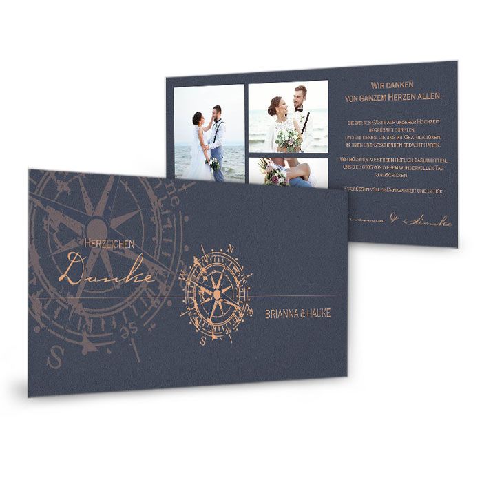 Maritime Hochzeitsdanksagung mit Kompass in Blau und Kupferfarben