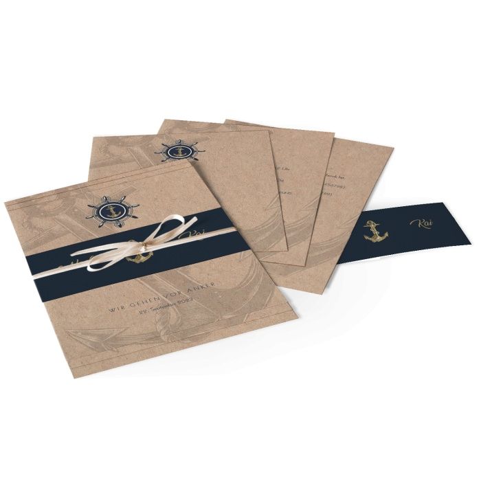 Maritime Hochzeitseinladung als Kartenset in Kraftpapieroptik mit Ankermotive