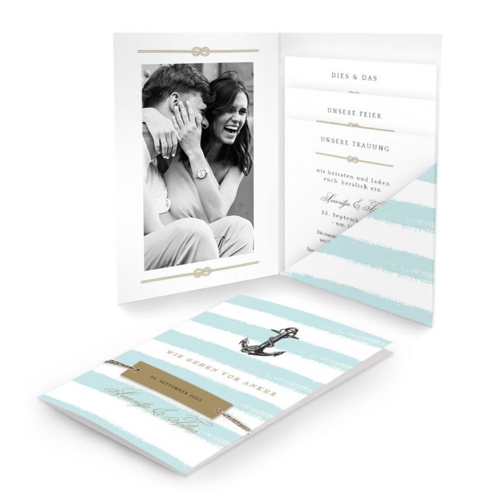 Maritime Hochzeitseinladung als Pocket mit Einsteckkarten, Ankermotiv und Aquarellstreifen