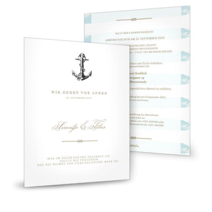 Maritime Hochzeitskarte mit Anker und Aquarellstreifen im großen Postkartenformat