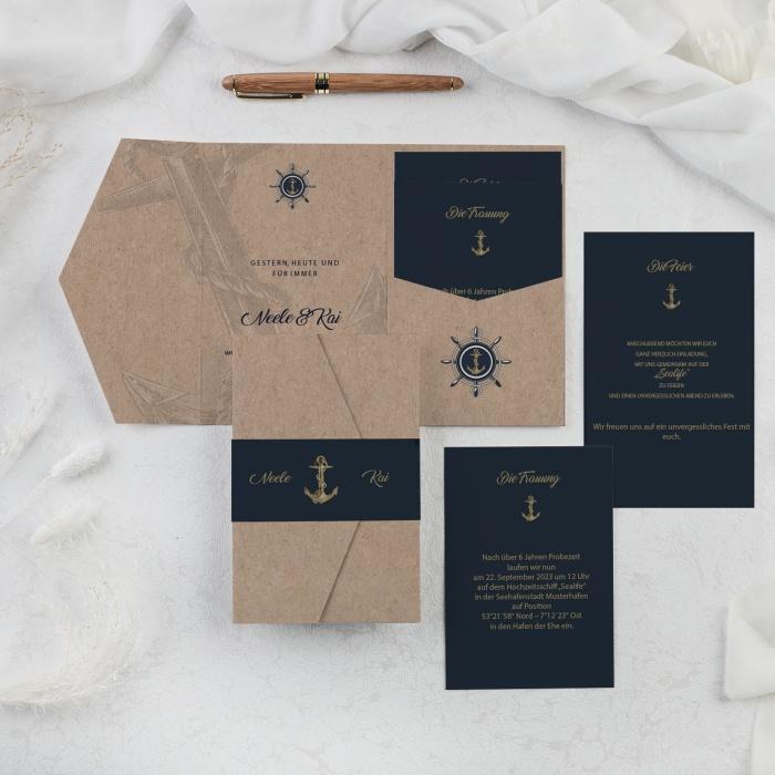 Maritime Pocket Hochzeitseinladung in Kraftpapieroptik mit Ankermotiv