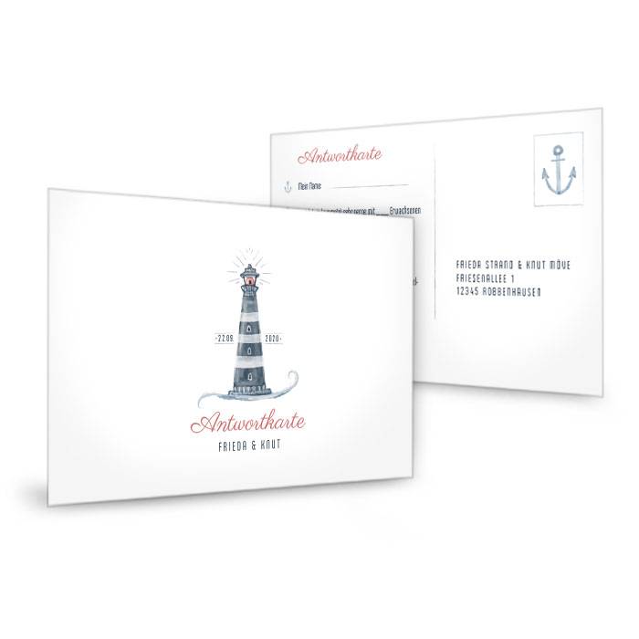 Maritime Antwortkarte zur Hochzeitseinladung mit Leuchtturm