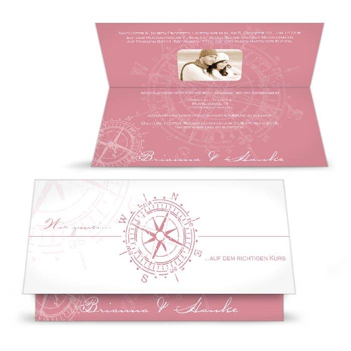 Maritime Einladung zur Hochzeit mit antikem Kompass in Rosa