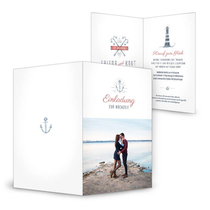 Einladung zur maritimen Hochzeit mit Leuchtturm und Anker