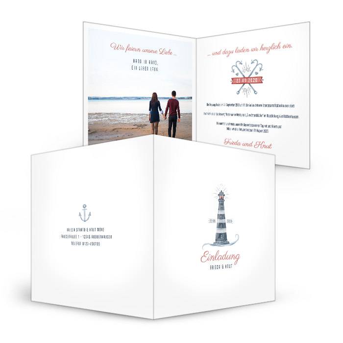 Maritime Hochzeitseinladung mit Leuchtturm im Aquarell Stil