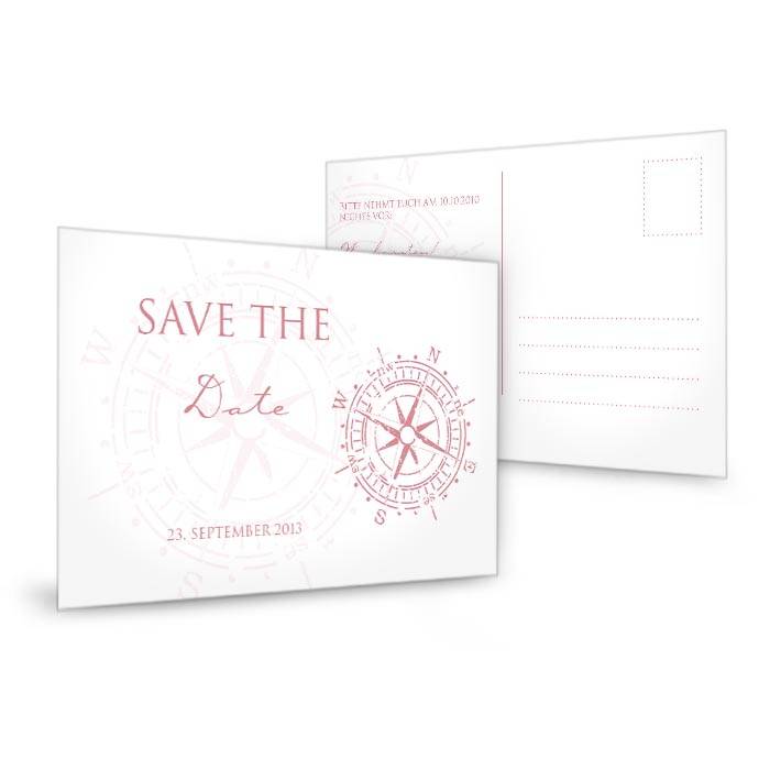 Maritime Save-the-Date-Karte zur Hochzeit mit Kompass in Rosa