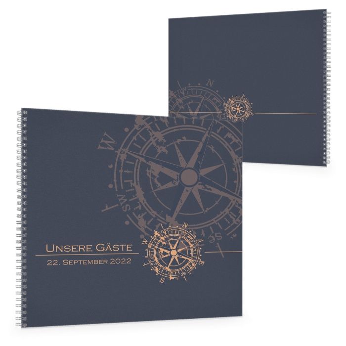 Maritimes Gästebuch mit Kompass in Dunkelblau - online selbst gestalten
