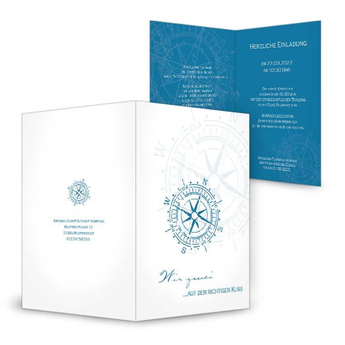 Maritime Hochzeitseinladung in Blau mit Kompass