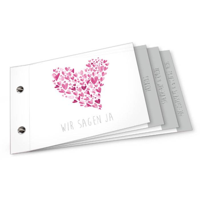 Hochzeitseinladung in Weiß mit rosa Herzen als Booklet