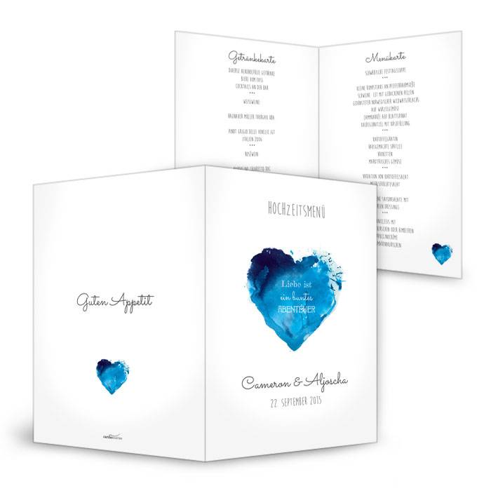Menükarte zur Hochzeit mit Watercolor Herz in Blau und Weiß