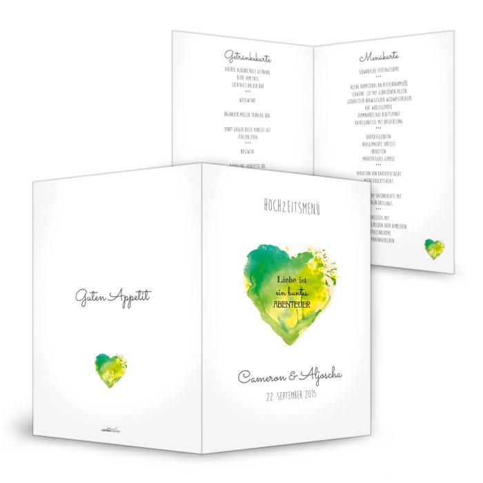 Menükarte zur Hochzeit mit Watercolor Herz in Grün und Weiß
