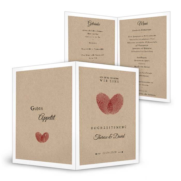 Hochzeitsmenükarte in Kraftpapieroptik mit Fingerabdruck Herz