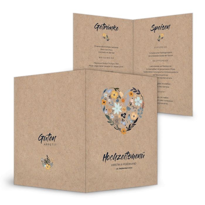 Menükarte für die romantische Hochzeittafel in Kraftpapieroptik mit Herz