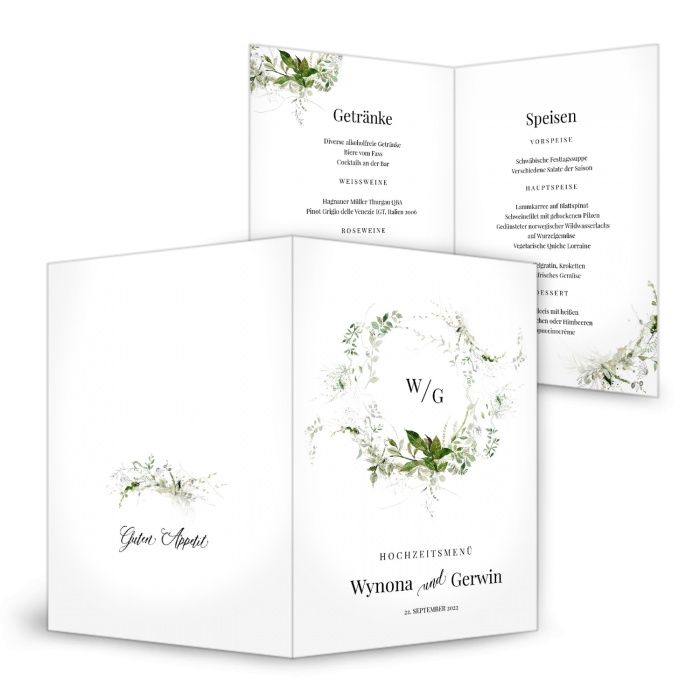 Menükarte für eure Greenery Hochzeit mit floralen Kranz