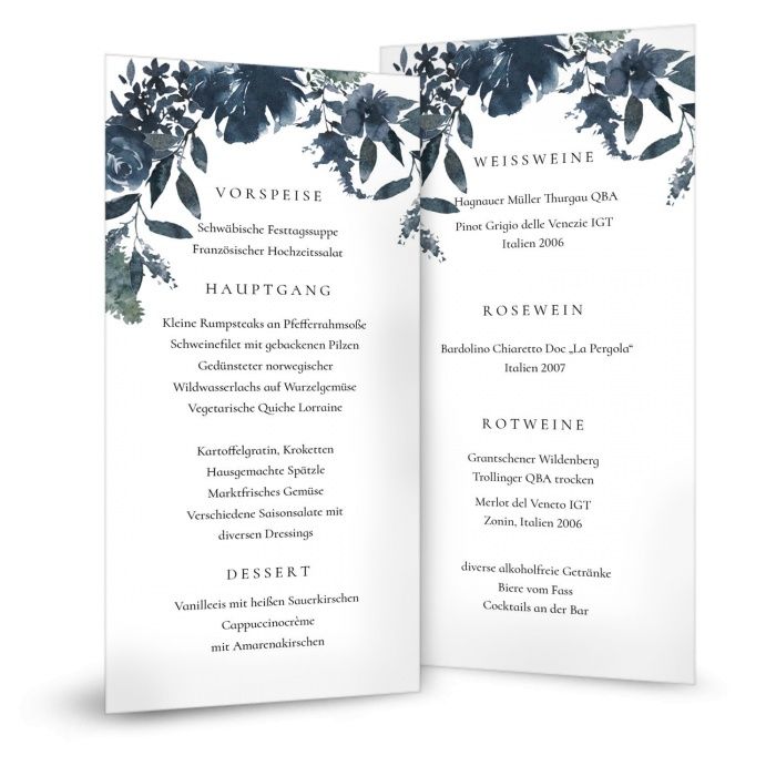 Menükarte für eure Hochzeitstafel mit blauen Aquarellblumen