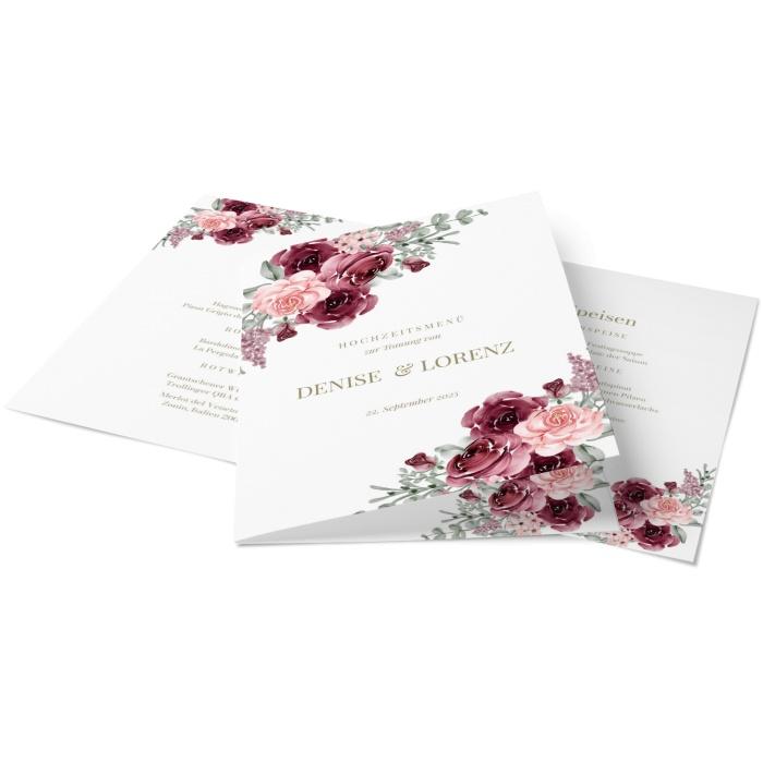 Menükarte für eure Hochzeitstafel mit roten Aquarellrosen