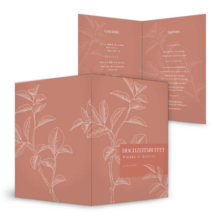 Menükarte für Ihre Hochzeitstafel in Terrakotta mit floralen Muster