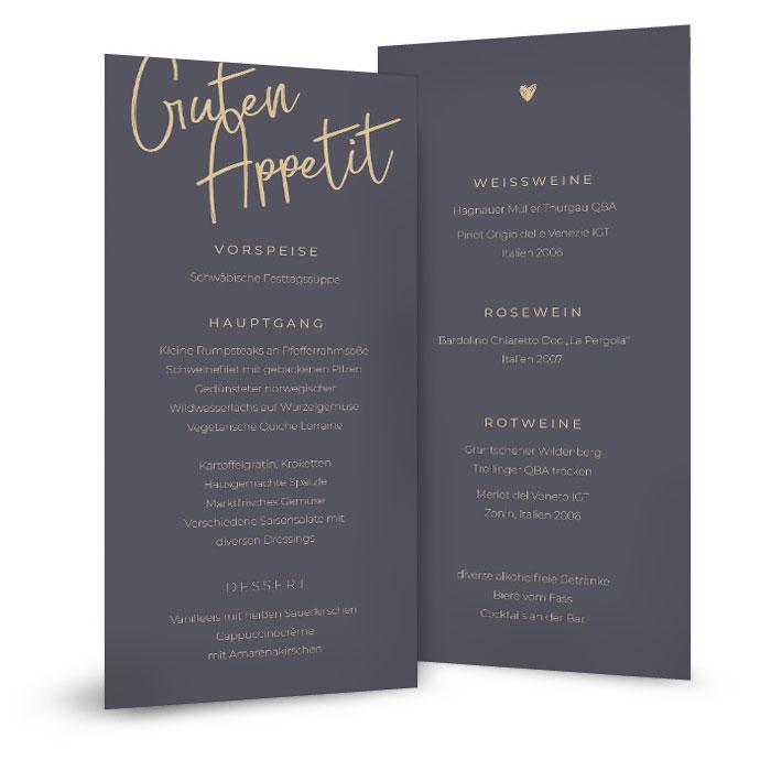 Menükarte für Ihre Hochzeitstafel mit Kalligraphieschrift in Graublau