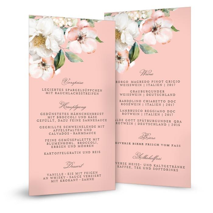 Menükarte im Postkartenformat im floralen Design in Rose