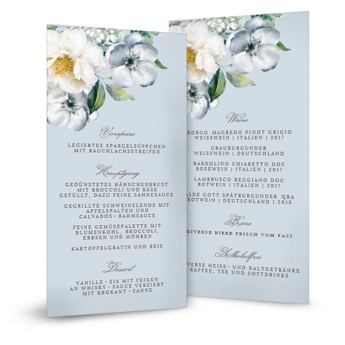 Menükarte im Postkartenformat im floralen Design in Graublau