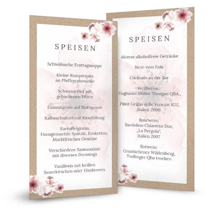 Menükarte zur Hochzeit in Kraftpapieroptik mit Kirschblüten