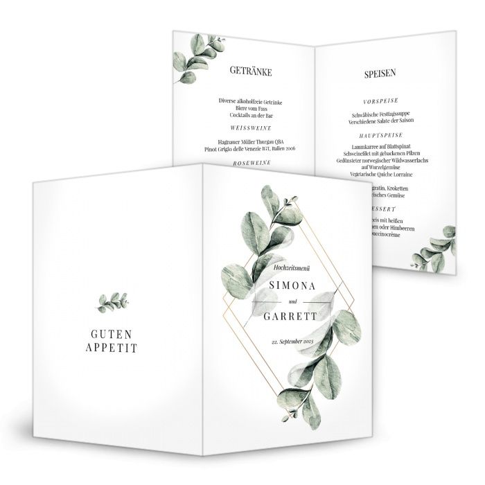 Menükarte zur Greenery Hochzeit mit Eukalyptus in Aquarelloptik