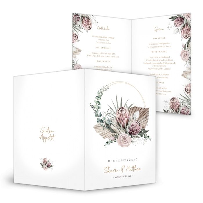 Menükarte zur Hochzeit im Boho Style mit Protea Blume - online selbst gestalten