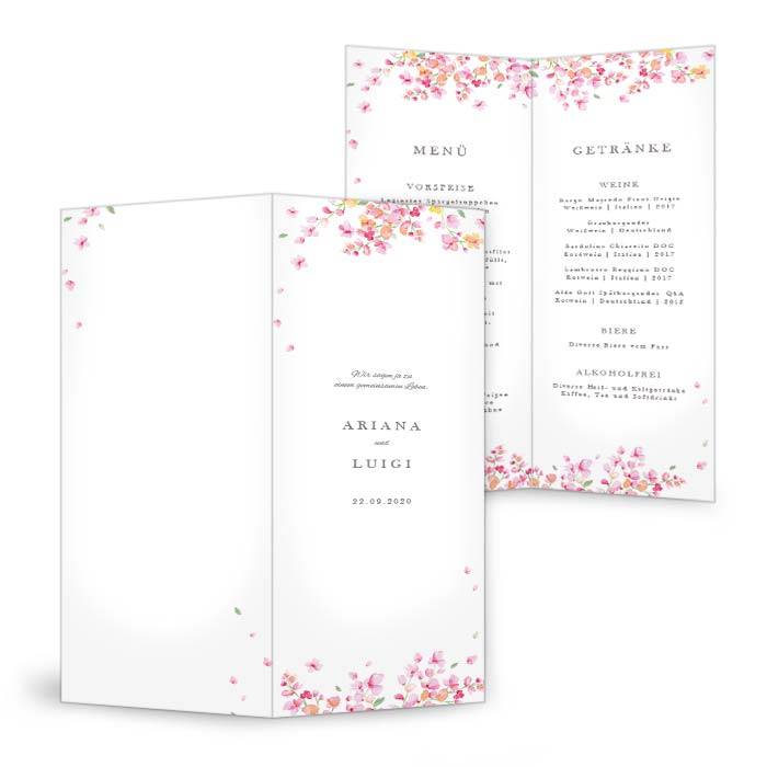 Menükarte zur Hochzeit als Klappkarte mit rosa Blüten