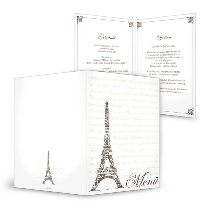 Vintage Menükarte zur Hochzeit mit Paris Flair und Eiffelturm