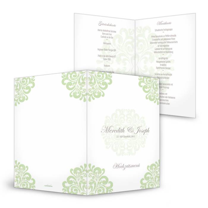 Elegante Menükarte zur Hochzeit mit barockem Muster in Grün